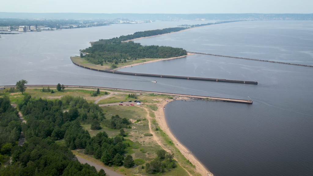 Aerial photo of Wisconsin and Minnesota Point, two peninsulas in Lake Superior.