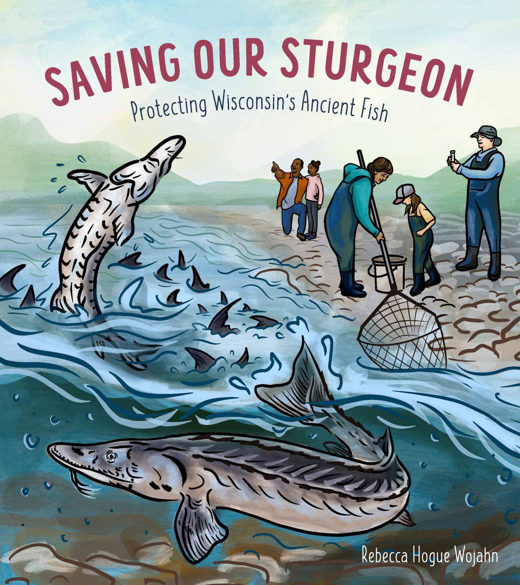 Cover of Saving our Sturgeon showing an illustration of big fish jumping out a river
