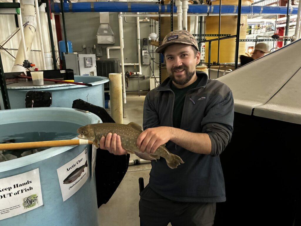 Aquaculture intern Ryan Figueroa holds up a fish at the Northern Aquaculture Demonstration Facility