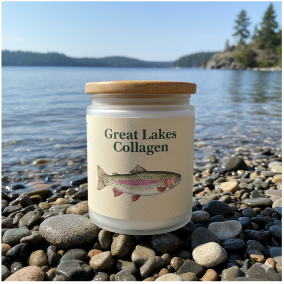 An AI-generated image of a glass jar of fish collagen sitting on a rocky beach