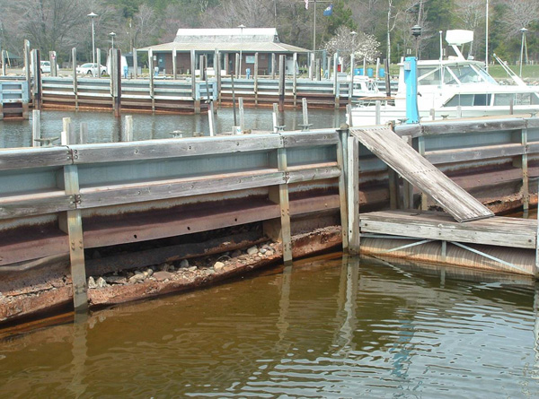 This is what used to be a horizontal steel box beam but now is a straight line of rust just above the waterline.