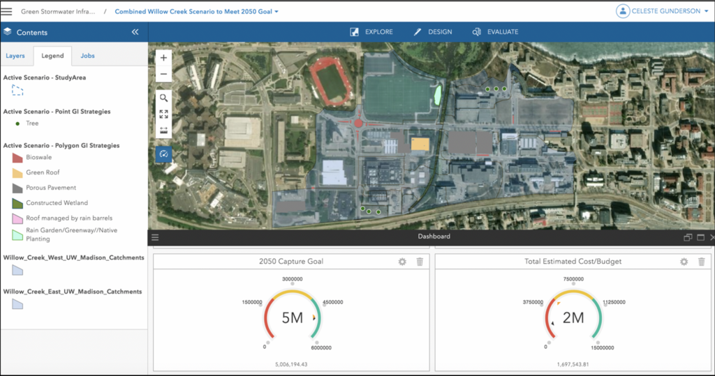 Green stormwater infrastructure scenarios for part of the University of Wisconsin-Madison campus, created using ArcGIS GeoPlanner.