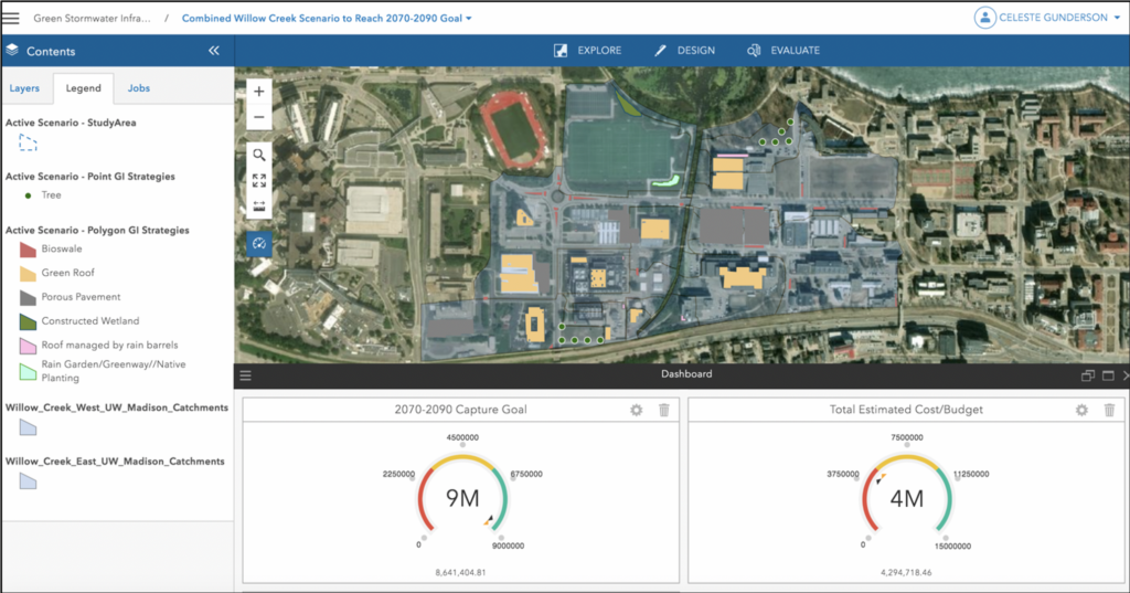 Green stormwater infrastructure scenarios for part of the University of Wisconsin-Madison campus, created using ArcGIS GeoPlanner.