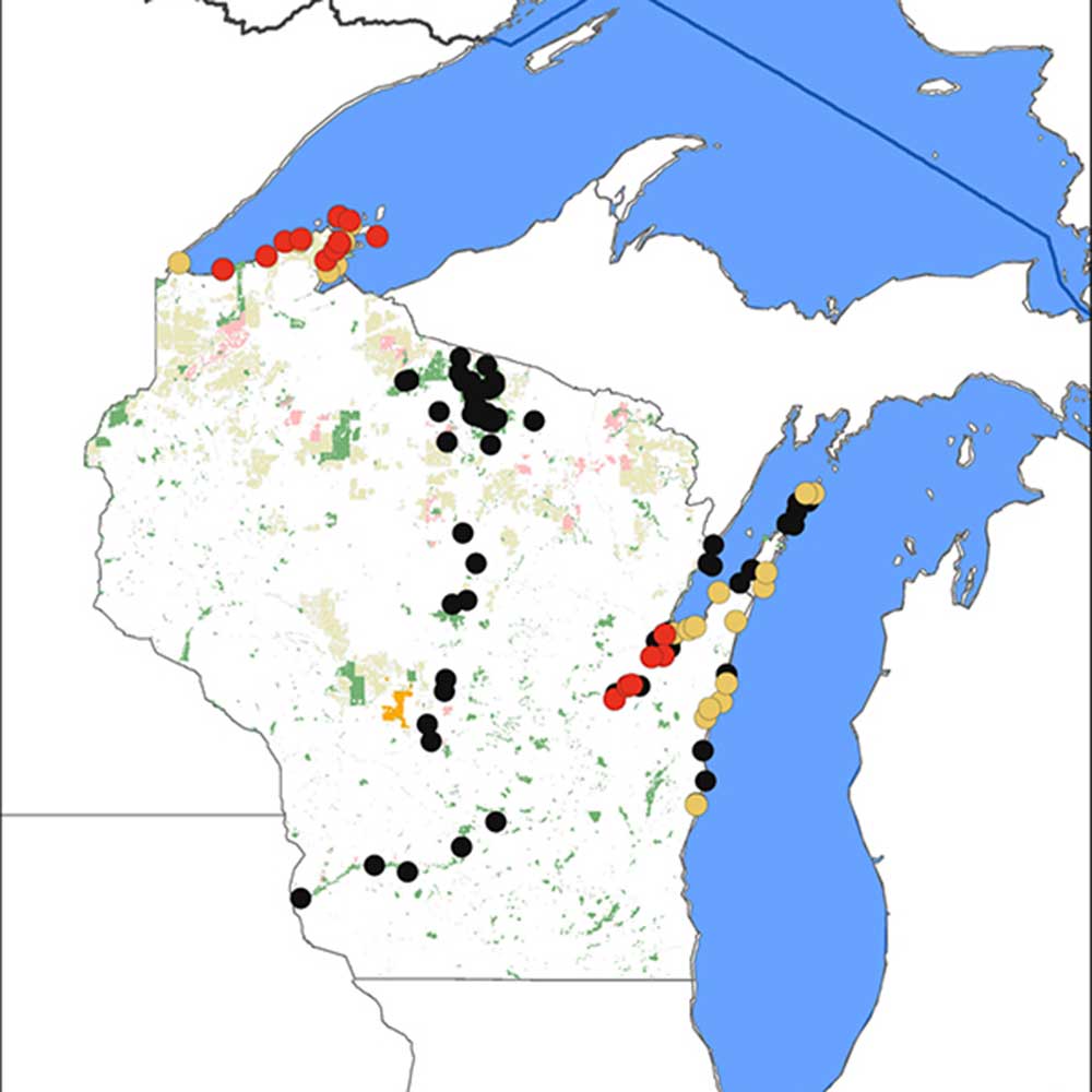 Wisconsin map showing sampling locations throughout the state since 2011.